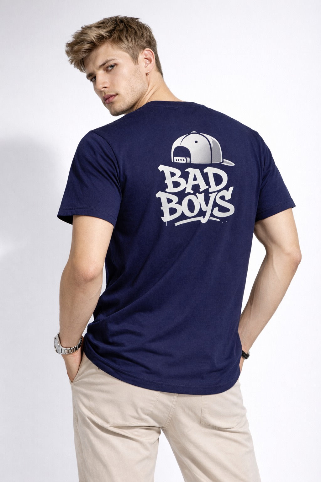 BAD BOYS – Premium Navy Back Print T-Shirt